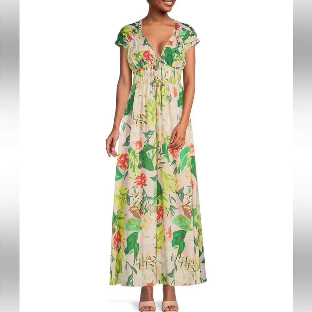 Antonio Milani NWT Floral V-Neck Maxi Dress in Cream and Green